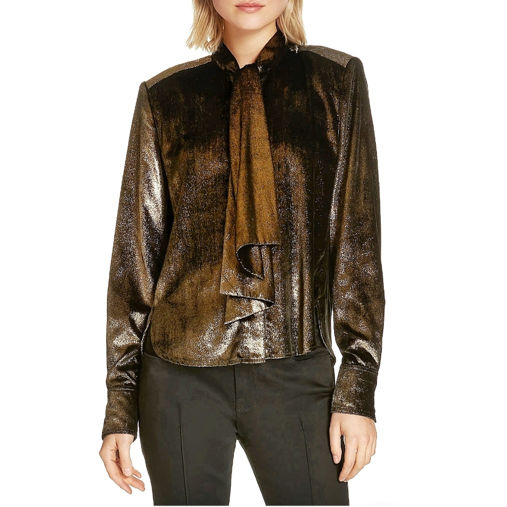 Frame Tie Front Bow Metallic Gold Velvet Blouse